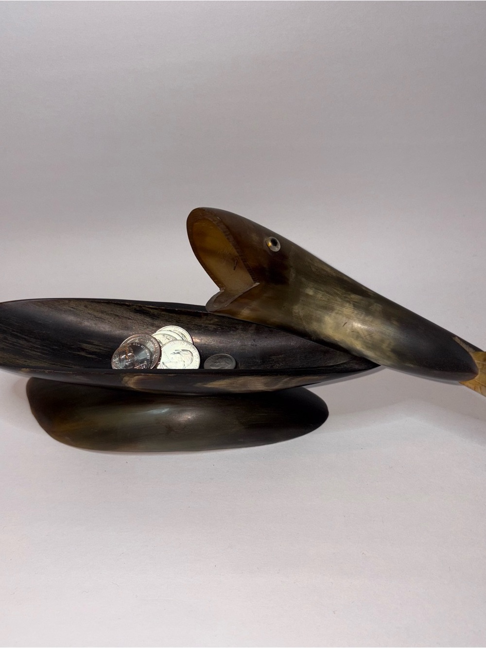 Fish Hand Carved From Buffalo Horn Jewelry/Coin Holder Display 11”x5” Folk Art